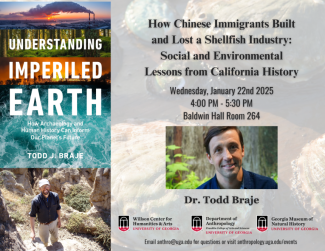 A flyer for Dr. Braje's talk. An image of his book "Understanding Imperiled Earth: How Archaeology and Human History Can Inform Our Planet's Future" is just above a photo of Dr. Braje in a canon. To the right, a photo of the speaker is framed by the title and details of the talk. Logos for the Willson Center, Department of Anthropology, and GMNH line the bottom of the graphic