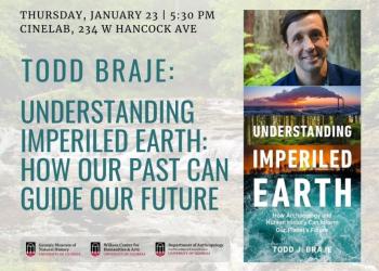 Flyer for the event. Images and text are set atop a backdrop of the Chattahoochee National Forest. on the right, an image of Dr. Braje and his book. from the top down are the date, time, and place of the lecture; the title of the event; and the logos for the endorsing departments and units.