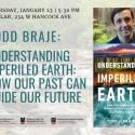 Flyer for the event. Images and text are set atop a backdrop of the Chattahoochee National Forest. on the right, an image of Dr. Braje and his book. from the top down are the date, time, and place of the lecture; the title of the event; and the logos for the endorsing departments and units.