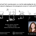 A flyer for the event. A line of an illustrated pig, cow, goat, turkey, and fish face left and their skeletons reflect across an x-axis. The title of the talk is above them, and meeting details including the date, time, and location are below them. A photo of Dr. Zavodny occupies the bottom right corner and across the bottom left and center are the Anthropology and Laboratory of Archaeology logos.